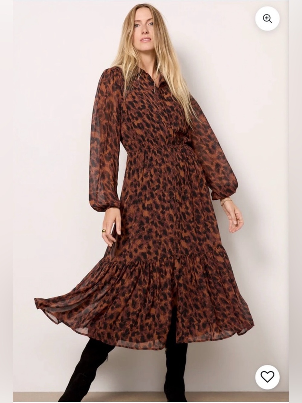 Evereve Brown and Black Leopard Print Long Sleeve Midi Dress